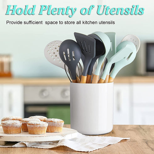 White Kitchen Utensil Holder for Countertop - ALELION 6.5" Cooking Utensil Holder for Kitchen Counter, Ceramic Utensil Crock for Kitchen Utensils, Dishwasher Safe, Cream White