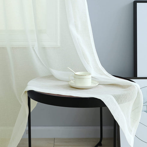Ivory Sheer Curtains for Living Room 84 Inches Long 2 Panel Set Grommet Draperies Linen Textured Semi Gauze Contemporary Curtains for Bedroom Closet Door European Minimalist