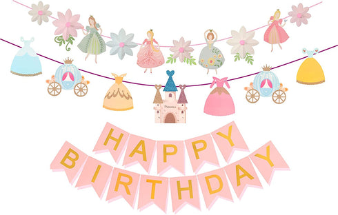 Princess Birthday Decoration | Princess Birthday Banner | Pink Happy Birthday Banner | Pink and Gold Birthday Party Decorations | Princess & Flower shape birthday party banner | Princess Home & Cab s