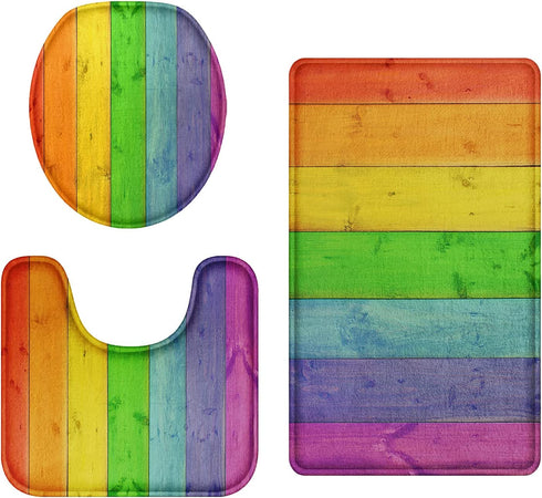 Britimes Bathroom Rug Set of 3, 3 Pieces Bath Mats Set for Bathroom, Rainbow Wood Plank Texture No Silp Washable Cover Floor Rug Decorations for Kitchen Bathroom Bedroom