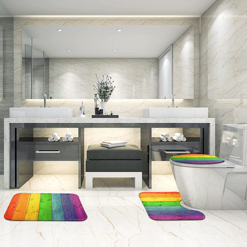 Britimes Bathroom Rug Set of 3, 3 Pieces Bath Mats Set for Bathroom, Rainbow Wood Plank Texture No Silp Washable Cover Floor Rug Decorations for Kitchen Bathroom Bedroom