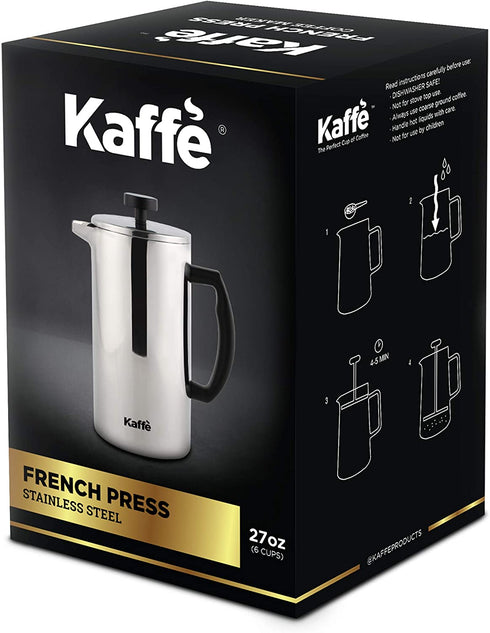 Kaffe French Press Coffee Maker. Food-Grade Double-Wall Stainless Steel (6 Cups 0.8L). Extra Filter Included!