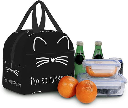 Black cat Lunch Bag Insulated Lunch Box with Front Pocket Reusable Tote Bag For Office Work Picnic Travel Shopping