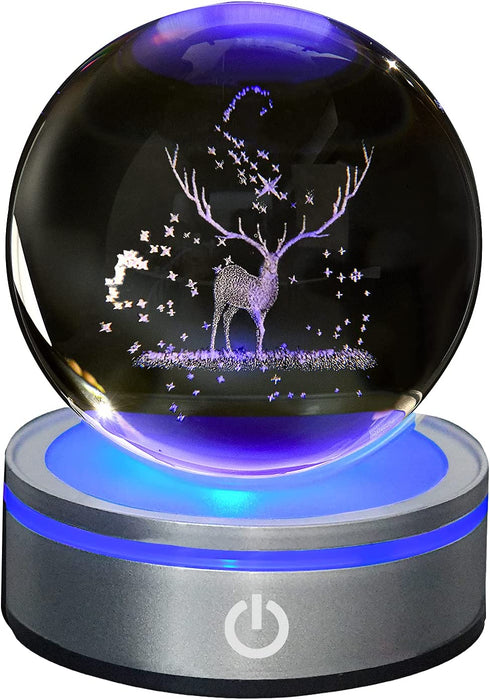 MerryNine Childlike Elk Motif Crystal Christmas Deer Ball, 80mm 3D Planets Glass Ball with LED Lamp Base for Home Decoration and Christmas Memorial Wedding Gifts
