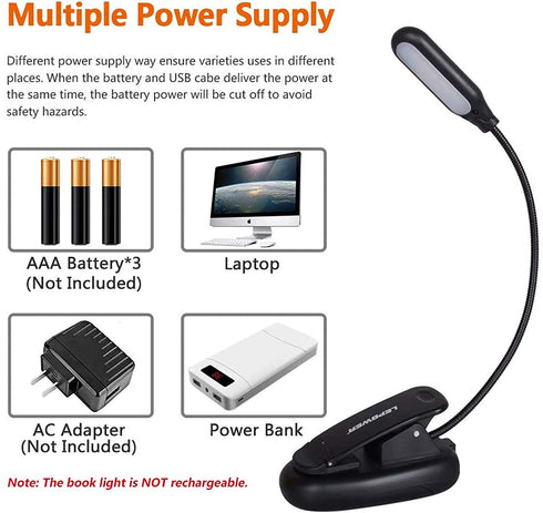 LEPOWER Clip on Book Light/Reading Light/Clip Light with 5 LED Eye Care, 3 Color Changeable, Portable Reading Lamp, Battery & USB Operated, Bed Light for Kids, Bookworms, Students
