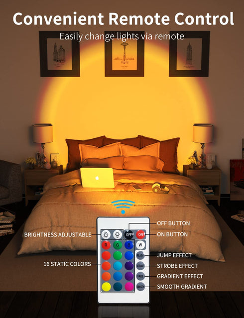 Sunset Lamp 16 Colors, SKREWIER Compact Sunset Lamps with Remote, 360°Rotated & Easy to Use, Bright Color Changing Sunset Lamp for Bedroom/Living Room/Photography/Gift Packaged, USB Powered