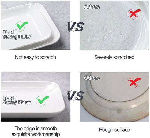 Dizada Large Serving Platter Set - 14/16 inch White Rectangular Dessert Plate/Salad Plates - Serving Trays for Parties, Sushi, Oven Safe Dinnerware Set of 2, White