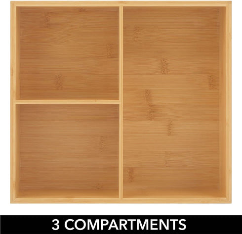 mDesign Bamboo Wood Kitchen Storage Bin Organizer for Food Container Lids and Covers - Use in Cabinets, Pantries, Cupboards - Large Divided Organizer with 3 Sections - 12" Long - Natural