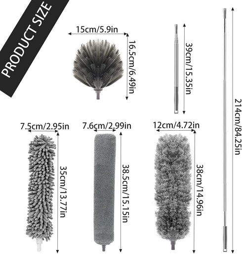 5PCS Microfiber Duster, Feather Duster with 100 Inches Stainless Steel Extension Pole, Reusable Bendable Washable Cobweb Dusters for Cleaning Furniture, Blinds, Cars, Gap, Ceiling Fan, High Ceiling