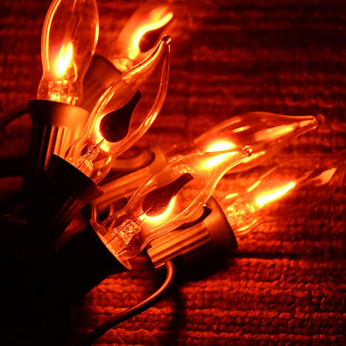 Pallerina 10Ft Flickering Flame String Lights with 10 C18 Flicker Amber Flame Lights Bulbs, E12 Candlestick Base Halloween Christmas String Lights for Party Indoor Outdoor Decor, 1 Watt- Green Wire