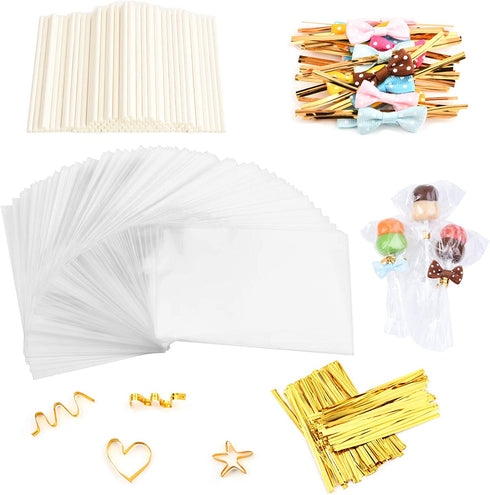 320Pcs Cake Pop Sticks and Wrappers, Lollipop Sticks Cake Pop Bags with Metallic Twist Ties Bow, for Making Lollipops Cookies Candies Chocolates