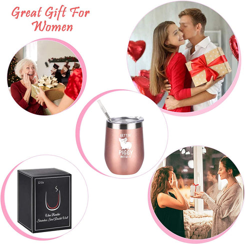 Gingprous Pig Swine Lover Gifts on Christmas Birthday, Gettin' Piggy With It Cute Funny Wine Tumbler with Pig, 12 Oz Stainless Steel Insulated Wine Tumbler with Lid and Straw, Rose Gold