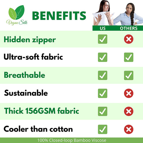 Bamboo Pillow Cases Queen Size - Set of 2 Bamboo Pillowcase with Zipper, Cooling Pillow Cases Zippered, Cool Pillow Cases, White Satin Pillowcase for Hair and Skin Women, Queen Pillow Covers 2 Pack
