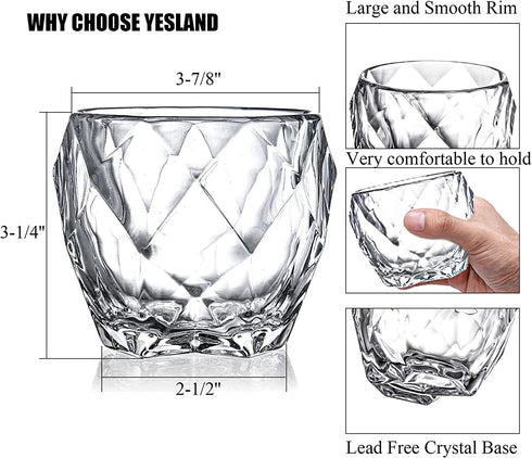 Yesland 6 Pack Crystal Whiskey Glasses - 10 Oz Old-Fashioned Lowball Scotch Glasses - Lead-Free Diamond Rocks Whiskey Glasses for Scotch and Whisky Lovers, Men, Husband or Dad