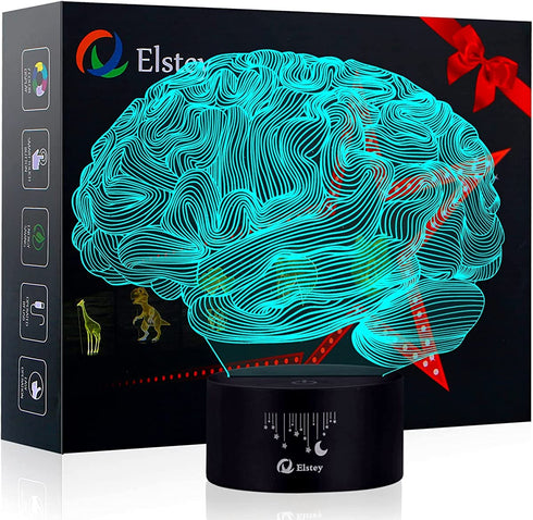 Elstey Brain 3D Night Light Table Desk Lamp, 7 Colors Optical Illusion Touch Control Lights with Acrylic Flat & ABS Base & USB Cable