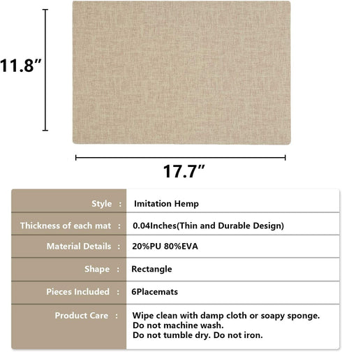 ALPIRIRAL Placemats Set of 6, Vinyl Washable Wipeable Placemat, Leather Placemats for Dinning Table, Waterproof Non-Slip Heat Resistant Table Mats,Farmhouse Outdoor Cream Linen Design(Grape Beige)