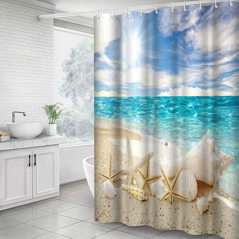 Artsbay Blue Sea Shower Curtain Set Starfish Seashells on Ocean Beach Eco-Friendly Waterproof Polyester Fabric Bathroom Bath Curtains 12 Hooks Included 72x72inches