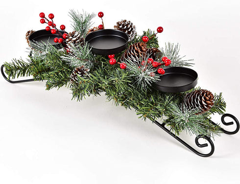 DearHouse Christmas Candle Holder Centerpiece, Pine Cones and Red Berry Table Centerpiece with 3 Candle Holders Table Accent Centerpiece for Festival Home Decoration 20" x 10" x 6"(L x W x H)