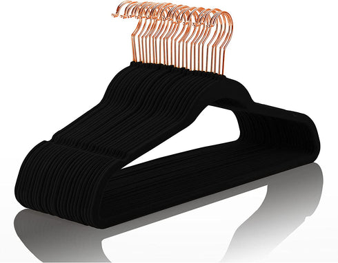 Premium Velvet Hangers (Pack of 50) Heavyduty - Non Slip - Velvet Suit Hangers Black - Copper/Rose Gold Hooks,Space Saving Clothes Hangers