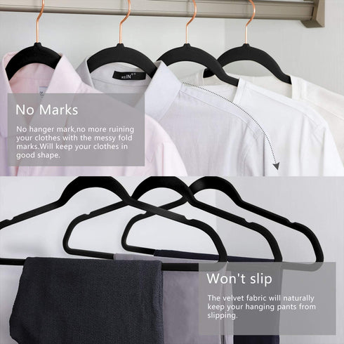 Premium Velvet Hangers (Pack of 50) Heavyduty - Non Slip - Velvet Suit Hangers Black - Copper/Rose Gold Hooks,Space Saving Clothes Hangers