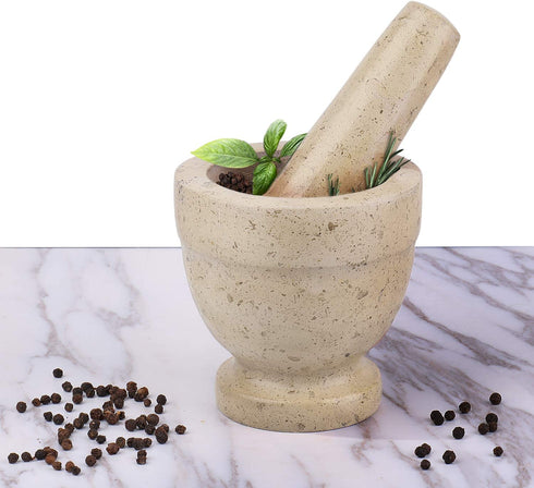 Flexzion Mortar & Pestle Set, Marble Yellow, Kitchen Cooking Accessories/Housewares - Solid 4 in Heavy Granite Molcajete Stone Grinder Crusher Bowl for Guacamole, Herbs, Spices, Garlic, Medicine Pills