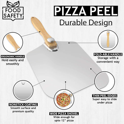 Aunly Aluminum Pizza Peel - Large Size Pizza Paddle 12x14 Inch Metal Pizza Spatula with Foldable Wood Handle & Pizza Cutter- Pizza Shovel for Homemade Baking Lovers for Pies, Pastries, Dough & Cookies