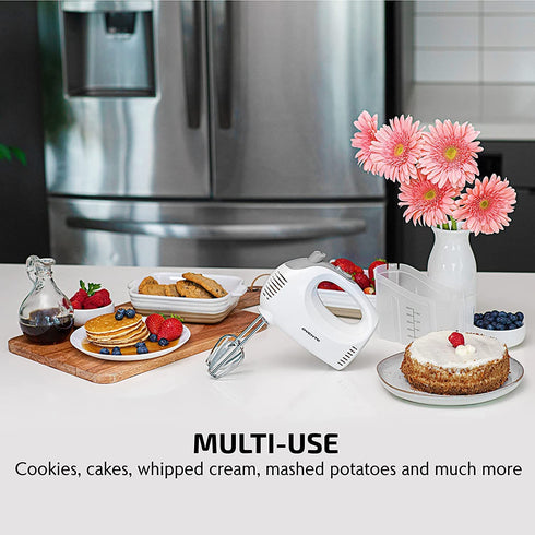 Ovente Portable 5 Speed Mixing Electric Hand Mixer with Stainless Steel Whisk Beater Attachments & Snap Storage Case, Compact Lightweight 150 Watt Powerful Blender for Baking & Cooking, White HM151W