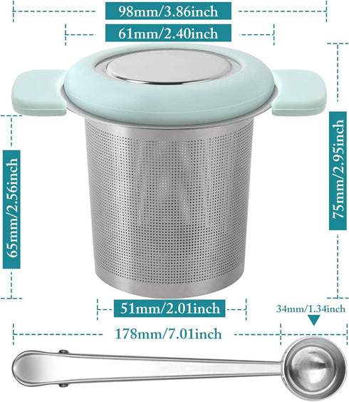 LaLa Dloce Tea Infuser Set of 2, Stainless Steel Tea Strainer Filter with Silicone Handle for Reusable Loose Leaf Grain Teapots, Mugs and Cups to Steep Tea with Lid