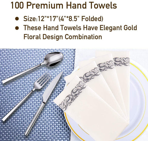 JOLLY CHEF 100 Disposable Hand Towels , Soft and Absorbent Line-Feel Dinner Napkin, Elegant Decorative Paper Guest Towels for Kitchen, Bathroom,Weddings,Parties, Silver and White