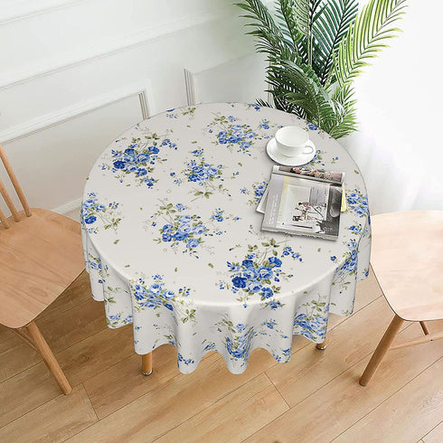 Spring Summer Blue Floral Tablecloth Round 60 Inches Elegant Watercolor Flower Tablecloth Polyester Washable Table Cover Table Cloth for Kitchen Dining Room Outdoor Picnic Patio Party