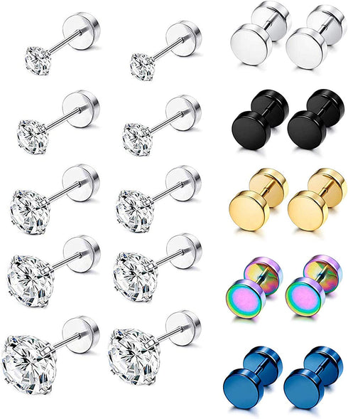 YADOCA 10 Pairs Screw Stud Earrings Flat Back Black Earrings for Men Mix Color Helix Cartilage Barbell Earrings Plugs Tunnel Punk