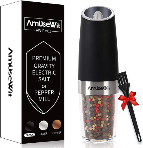 Gravity Electric Pepper Grinder or Salt Grinder MillWhite Light€‘- Battery Operated Automatic Pepper Mill with Light, Adjustable Coarseness, One Handed Operation, Cleaning Brush, Black by AmuseWit
