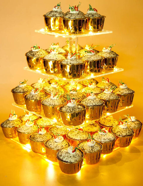 Vdomus Pastry Stand 4 Tier Acrylic Cupcake Display Stand with LED String Lights Dessert Tree Tower Pyramid for Birthday Wedding Party (Warm)