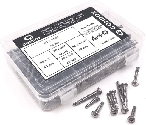 Comdox 410 Stainless Steel Self Drilling Screws Kit Set, Pan Head Phillips Sheet Metal Tek Screws Assortment Kit, Modified Truss Head, 8-18 Thread Size, 5/8" to 1-1/2" Length (Pack of 200)