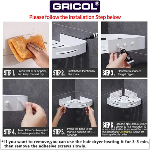 Gricol Shower Caddy Bathroom Corner Shelf with Hooks, Shampoo Holder Organizer, No Drilling Adhesive Basket Storage Wall Mounted Bathtub Organizer, 2 Pack