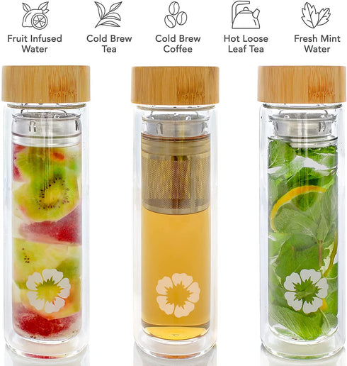 Teabloom All-Beverage Tumbler 15 oz / 450 ml Tempered Glass Travel Bottle Hot and Cold Tea Infuser Cold-Brew Coffee Fruit-Infused Water Tea Tumbler The Pathfinder