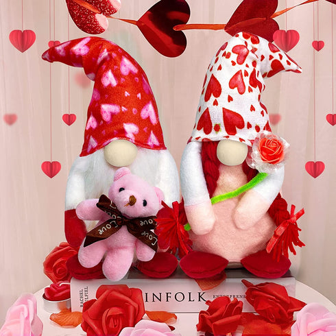 TURNMEON 2 Pcs Valentine's Day Plush Gnomes Decorations, 14" Mr & Mrs Scandinavian Swedish Tomte Gnomes Doll Elf with Bear Rose Valentines Decorations Home Indoor Outdoor Table Ornament Gifts Present