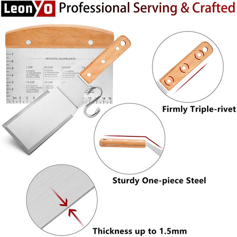 Leonyo Metal Spatula Set of 4, Stainless Steel Griddle Accessories - Grill Spatula Scraper for Flat Top Cast Iron Teppanyaki Grill BBQ, Pancake Flipper Hamburger Turner Utensil, Gift for Men Women