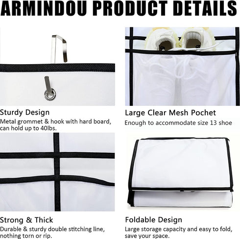 Armindou Extra Large Pockets Hanging Over The Door Shoe Organizer 2 Pack Closet Shoe Organizer With 8 Extra Large Mesh Storage Pockets for Bedroom Door Apartment Storage (White, 64.1X22.8 )