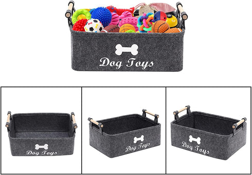Geyecete Dog Toys Storage Bins - with Wooden Handle,Decorative Basket Rectangular Soft Felt Storage Bin Organizer Basket Pet Supplies Storage Basket/Bin Kids Toy Chest Storage Trunk(Dog-Grey)
