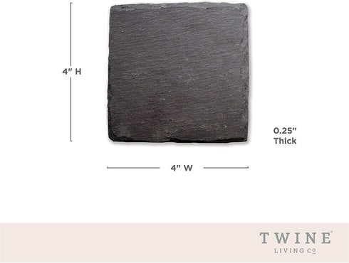 Twine Square Slate Coasters, Modern Square Coasters, Slate with Velvet Backing, Protect Tables and Surfaces, Black, Set of 4