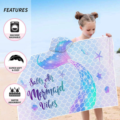 Bonsai Tree Mermaid Kids Hooded Beach Towel, Mermaid Tail Microfiber Hooded Poncho Towel for Girls 30?x50?, Mermaid Scales Pink Soft Absorbent Bath Towels Bathrobe with Hood for Swin Pool