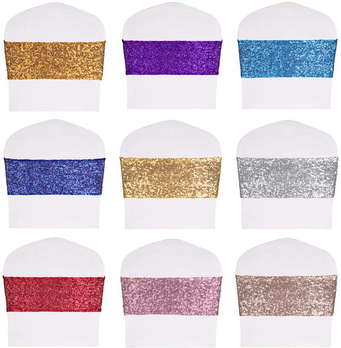 Desirable Life Pack of 25 Stretch Sequin Chair Sashes Chair Bands One-Sided Sequins Decor for Hotel Wedding Reception Party Event Chair Cover Decoration 4"x16" - Silver