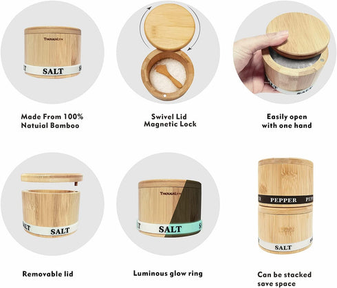 Thougrlyh Salt and Pepper Bowls Bamboo Pepper Salt Box with Swivel Lid and Spoon 2 Piece Set Salt and Pepper Cellar to Easily Open and Seal with 2 Spoon Storage Spice Pepper Salt Container