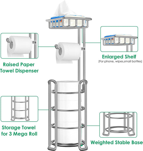 TomCare Toilet Paper Holder Toilet Paper Stand with Raised Feet Metal Bathroom Accessories Tissue Paper Dispenser Free Standing Toilet Paper Roll with Storage Shelf Bathroom Storage Organization