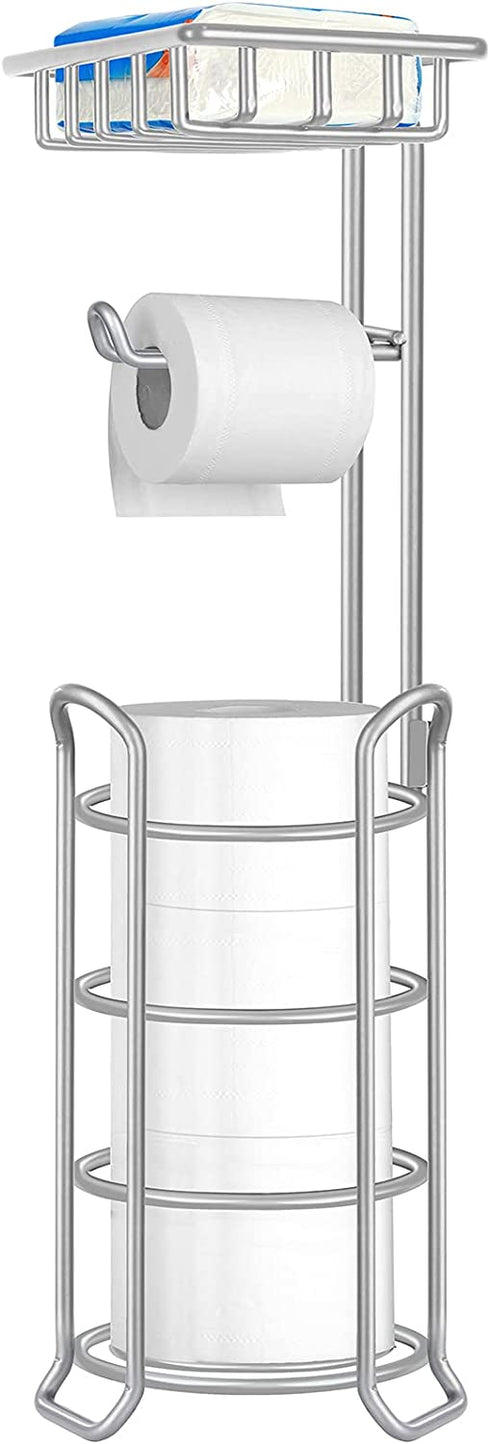 TomCare Toilet Paper Holder Toilet Paper Stand with Raised Feet Metal Bathroom Accessories Tissue Paper Dispenser Free Standing Toilet Paper Roll with Storage Shelf Bathroom Storage Organization