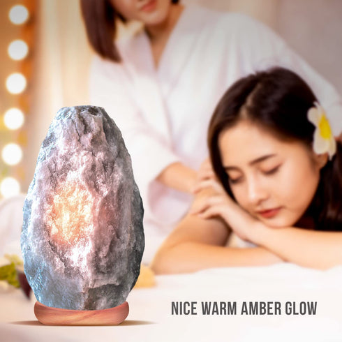 Himalayan Glow Natural Grey Salt Lamp,Night Light,Hand Carved Crystal Salt Lamp with Neem Wooden Base,Salt Lamp Bulb,(ETL Certified) Dimmer Switch | 5-7 LBS (2 Extra Bulbs)