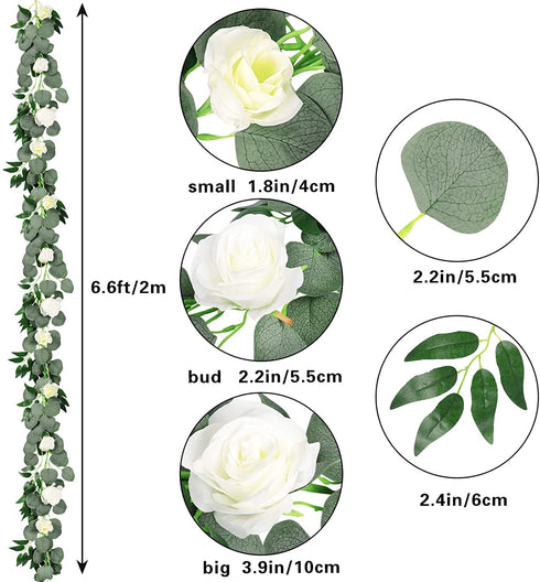 AGEOMET 2pcs Artificial Eucalyptus Garland with Flowers Greenery Garland Willow Vines White Rose Garland, Faux Silver Dollar for Fireplace Mantle Table Wedding Party Garden Boho Room Decor