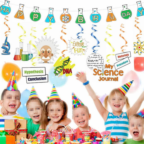 Science Theme Birthday Decoration Kit Science Birthday Banner & Hanging Swirls Ceiling Whirl Streamer Hanging Cutouts Set Mad Science Party for Kids Birthday Baby Shower Chemistry Laboratory Party