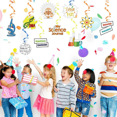 Science Theme Birthday Decoration Kit Science Birthday Banner & Hanging Swirls Ceiling Whirl Streamer Hanging Cutouts Set Mad Science Party for Kids Birthday Baby Shower Chemistry Laboratory Party